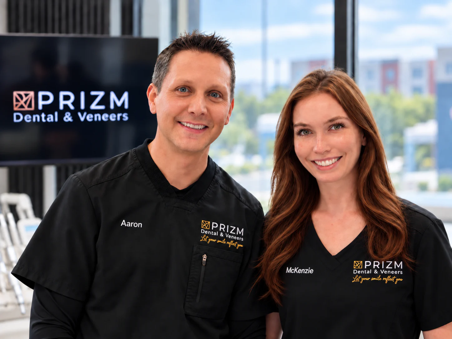 Prizm Dental team members Aaron and McKenzie smiling