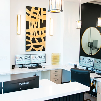 Welcoming reception area at Prizm Dental & Veneers